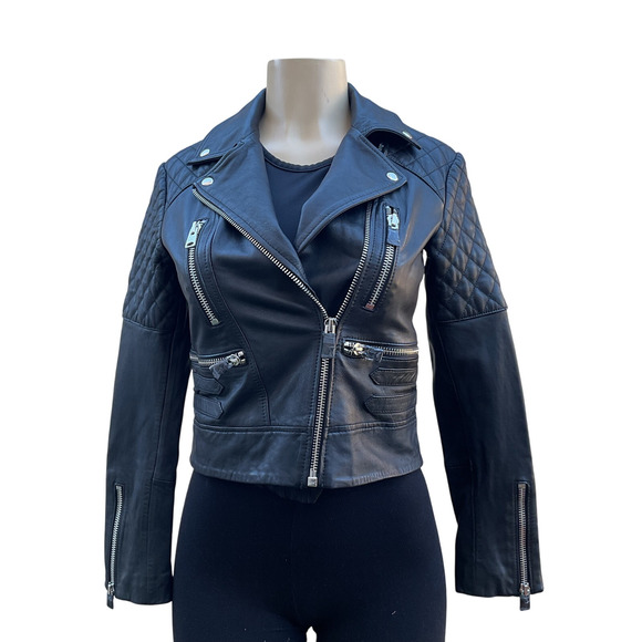 All Saints Jackets & Blazers - AllSaints Black Leather Moto Biker Jacket NWT Quilted Cropped Women US 2